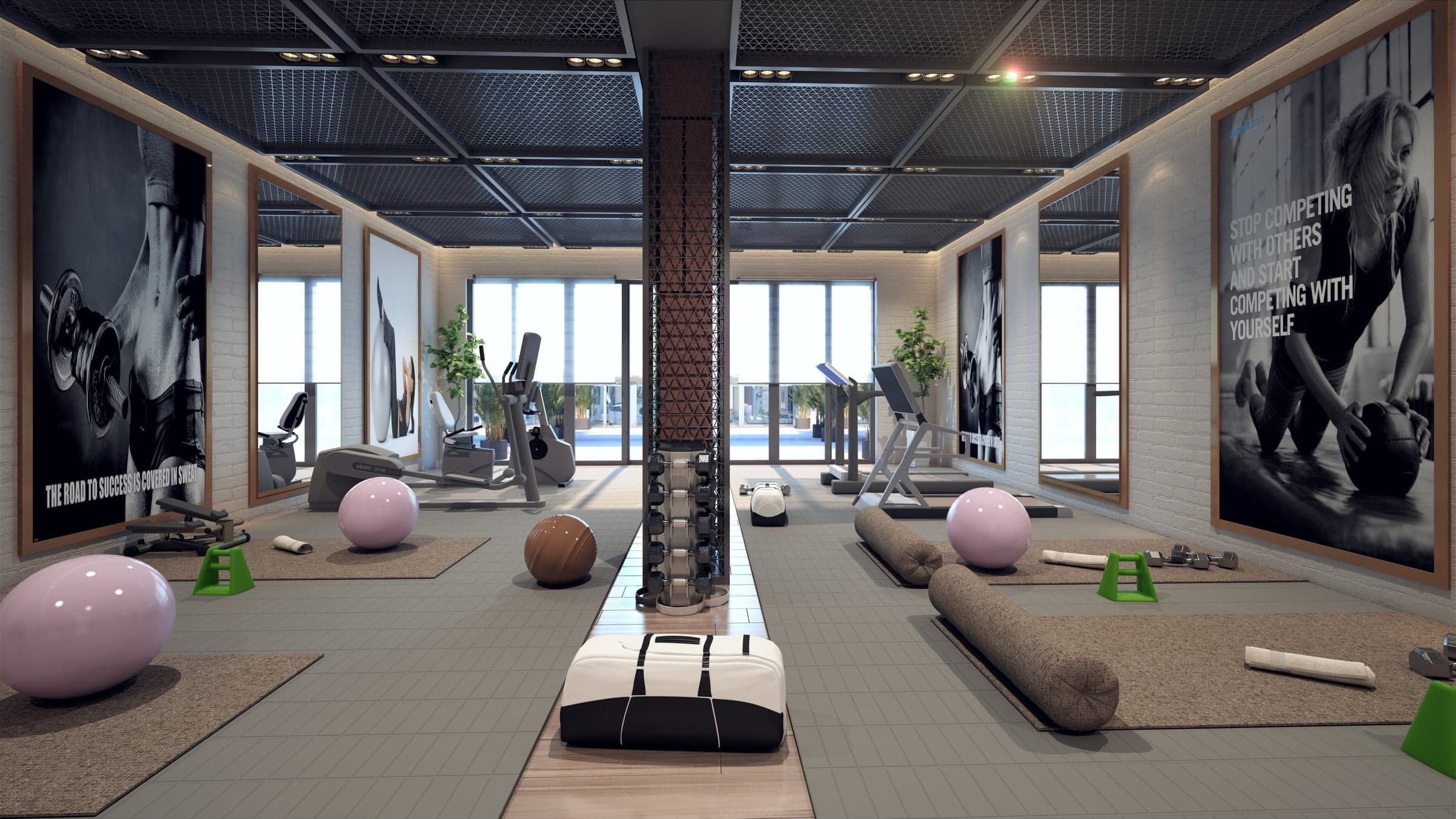 Mat and free-weight workout floor